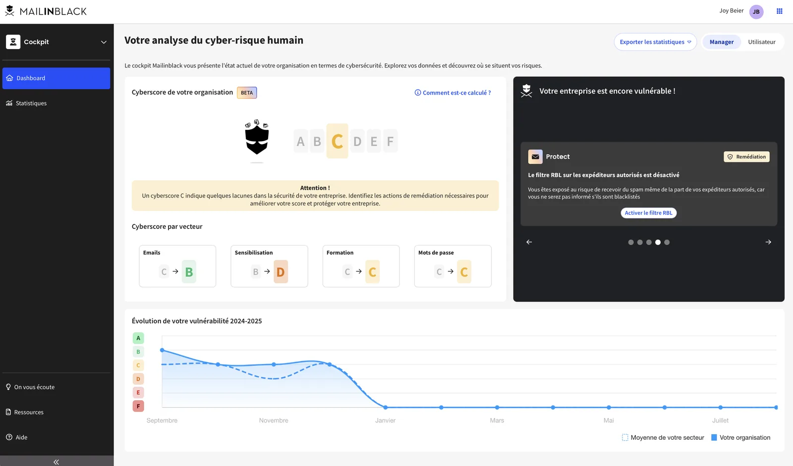 Cockpit Mailinblack : cyberscore de A à F et actions de remédiation