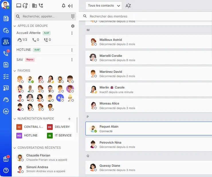 Application du standard : groupes d’appels actifs ou en repos, favoris et numérotation rapide