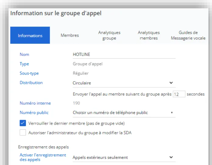 Configuration d’un groupe d’appels : distribution circulaire et numéro public