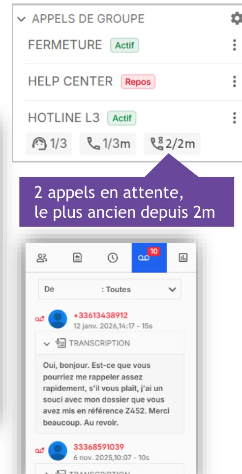 Liste des appels de groupe et message vocal transcrit en texte dans l’application