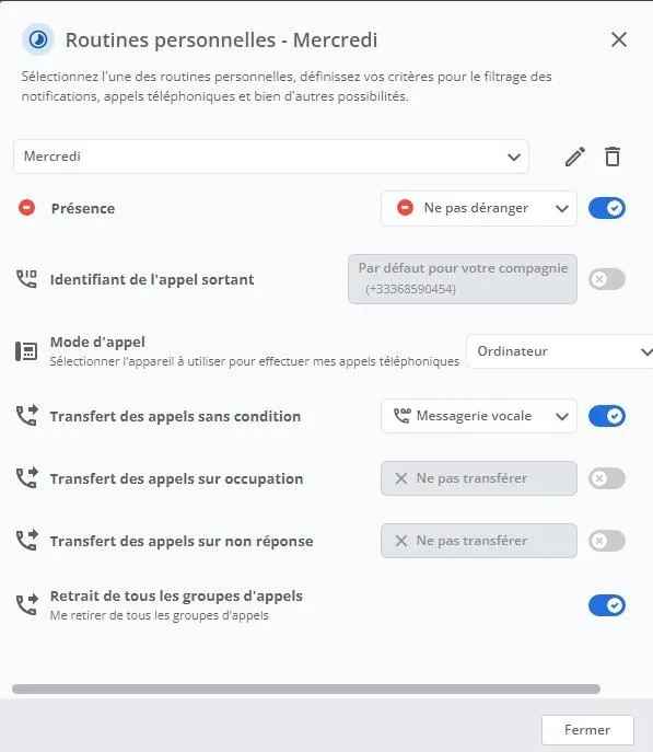 Écran de réglage des renvois d’appels : sans condition, sur occupation, sur non-réponse